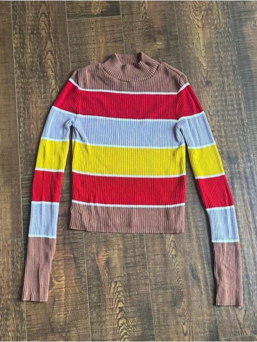 ASOS Multi-Stripe Ribbed Mock Neck Sweater - Red, Yellow, Light Blue, Brown